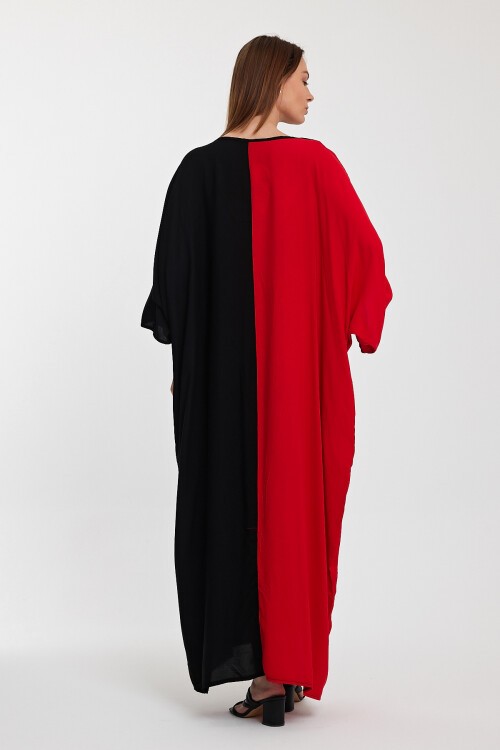 958 Siyah Fuşya V Yaka Büyük Beden Nakış Detaylı Uzun Viskon Elbise