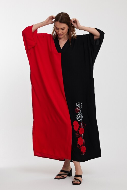 958 Siyah Fuşya V Yaka Büyük Beden Nakış Detaylı Uzun Viskon Elbise