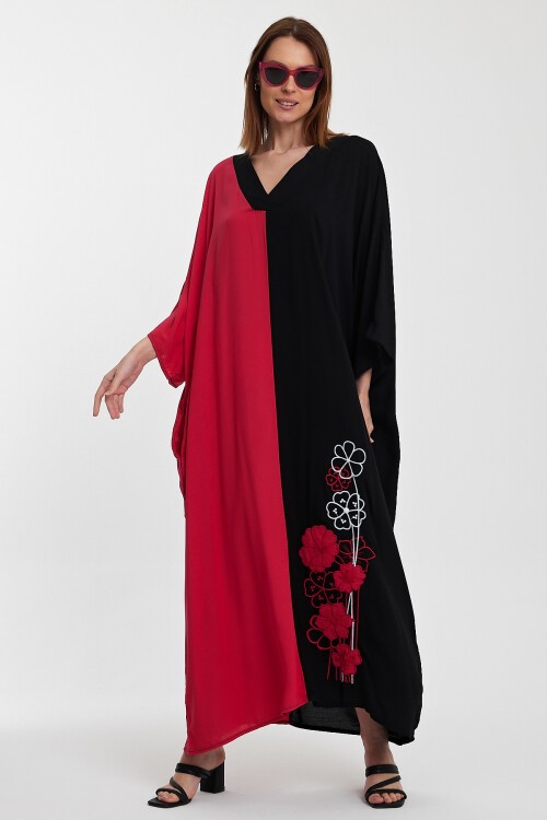 958 Siyah Fuşya V Yaka Büyük Beden Nakış Detaylı Uzun Viskon Elbise