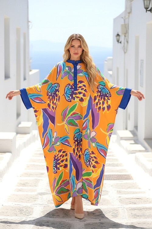 969 Sarı Floral Desen Büyük Beden Gömlek Elbise