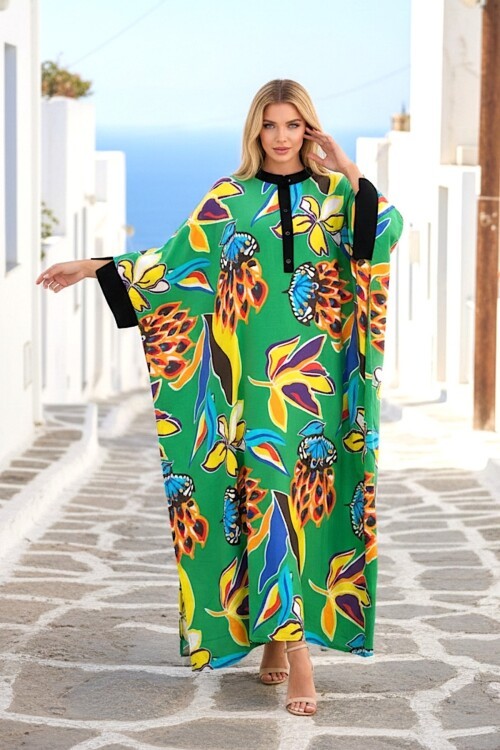 969 Yeşil Floral Desen Büyük Beden Gömlek Elbise