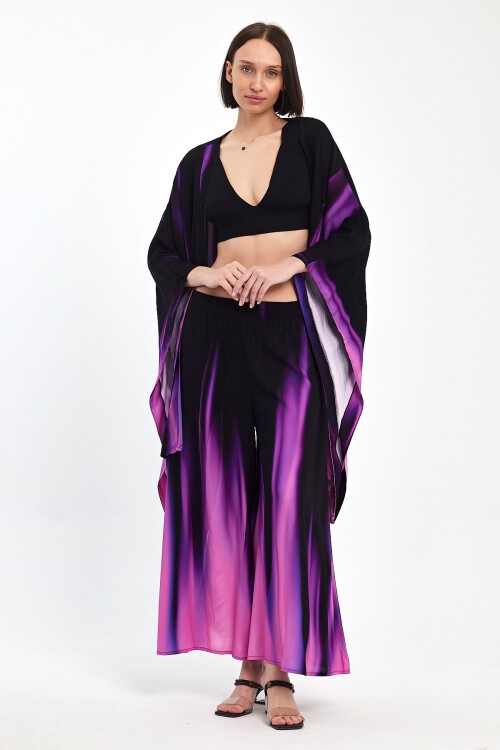 975 Siyah Mor Alev Desenli Viskon Takım