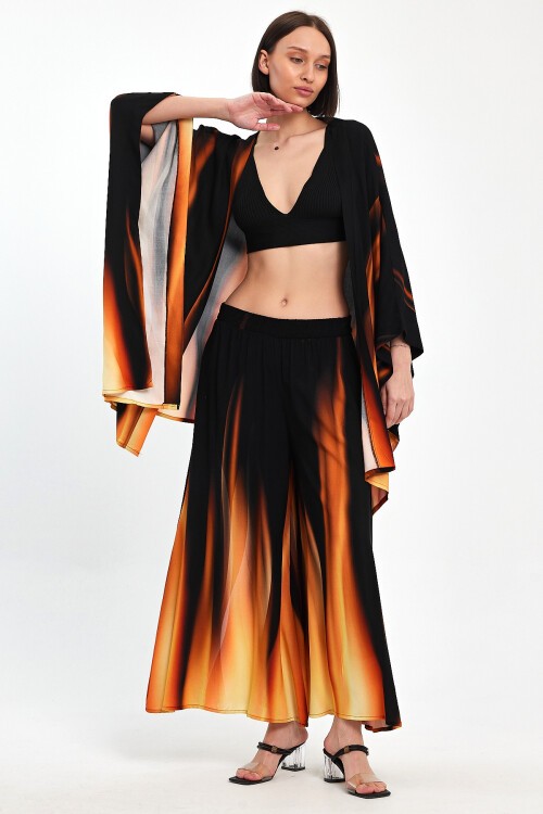 975 Siyah Oranj Alev Desenli Viskon Takım