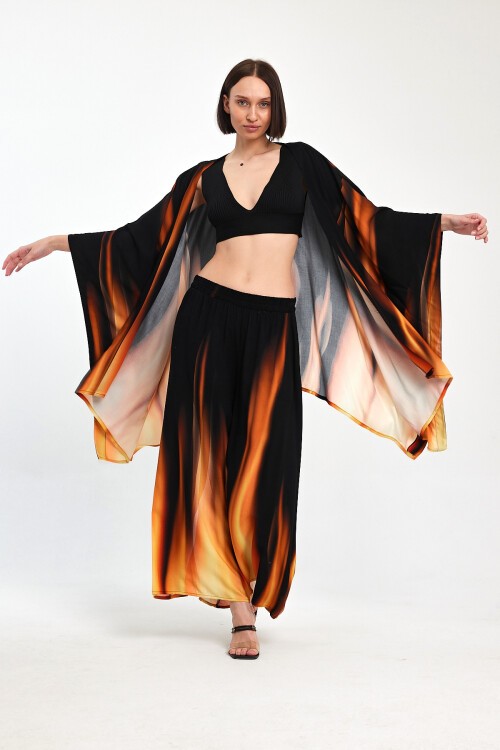 975 Siyah Oranj Alev Desenli Viskon Takım