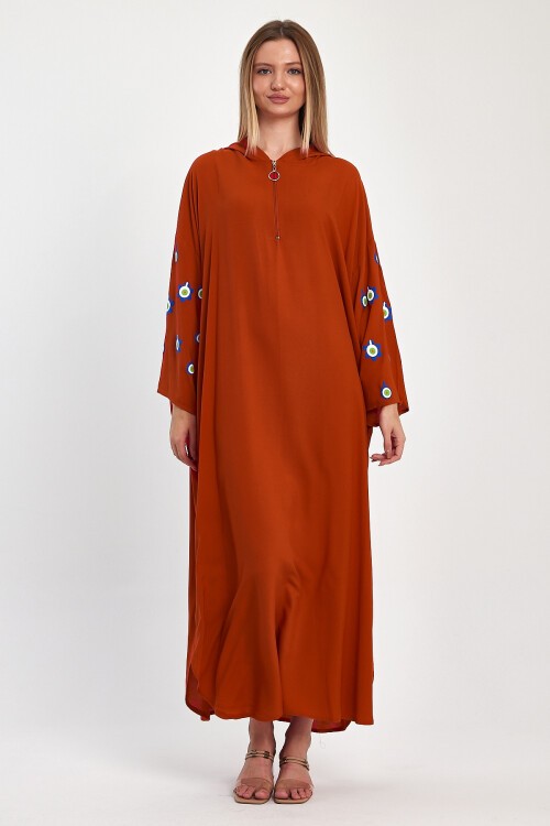 981 Kiremit Nazar Boncuk Baskılı Kapüşonlu Yarım Fermuarlı Viskon Elbise