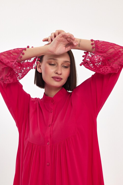 983 Fuşya Hakim Yaka Düğmeli Tül Detaylı Viskon Elbise