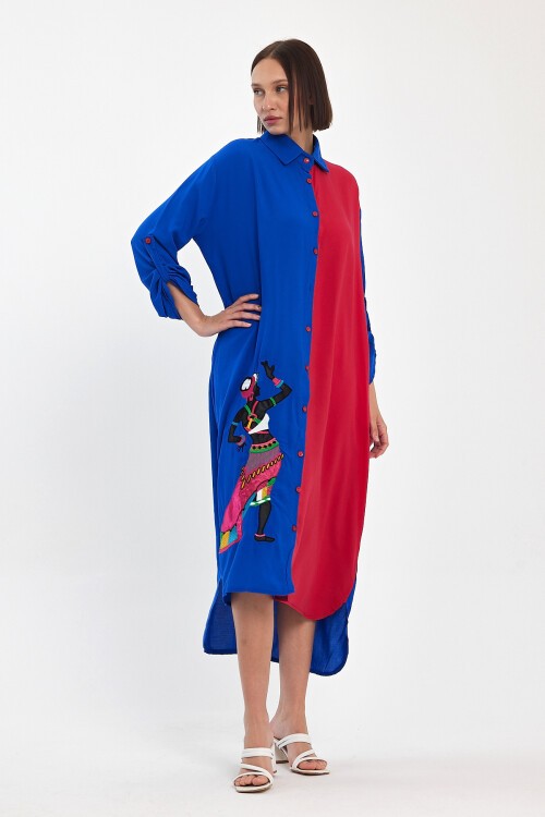 991 Saks Pembe Kadın Figür Nakışlı Viskon Gömlek Elbise