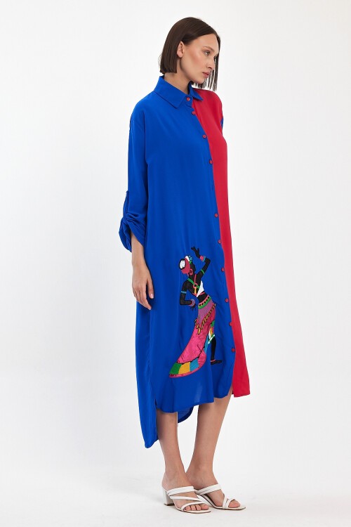 991 Saks Pembe Kadın Figür Nakışlı Viskon Gömlek Elbise