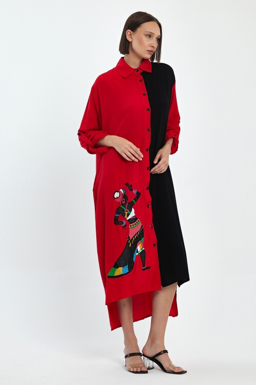 991 Siyah Kırmızı Kadın Figür Nakışlı Viskon Gömlek Elbise