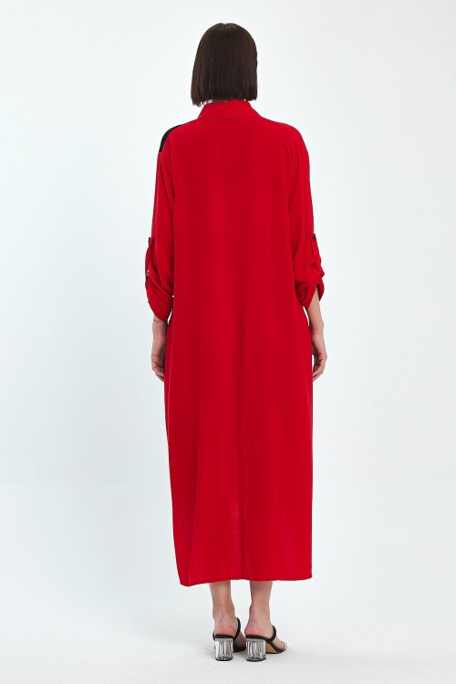 991 Siyah Kırmızı Kadın Figür Nakışlı Viskon Gömlek Elbise