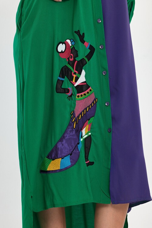 991 Yeşil Mor Kadın Figür Nakışlı Viskon Gömlek Elbise