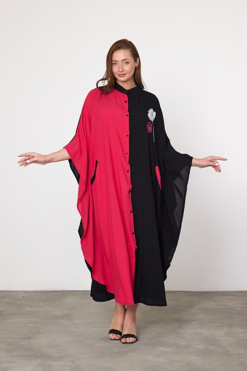 993 Siyah Fuşya Çiçek Nakışlı Büyük Beden Gömlek Elbise