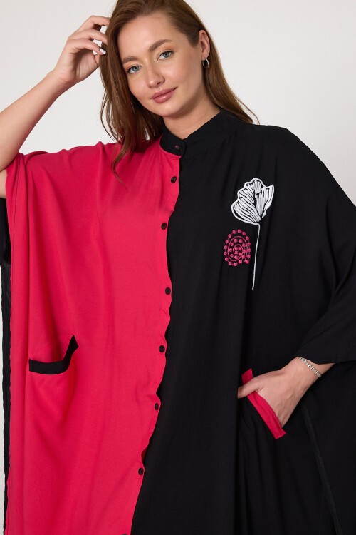 993 Siyah Fuşya Çiçek Nakışlı Büyük Beden Gömlek Elbise