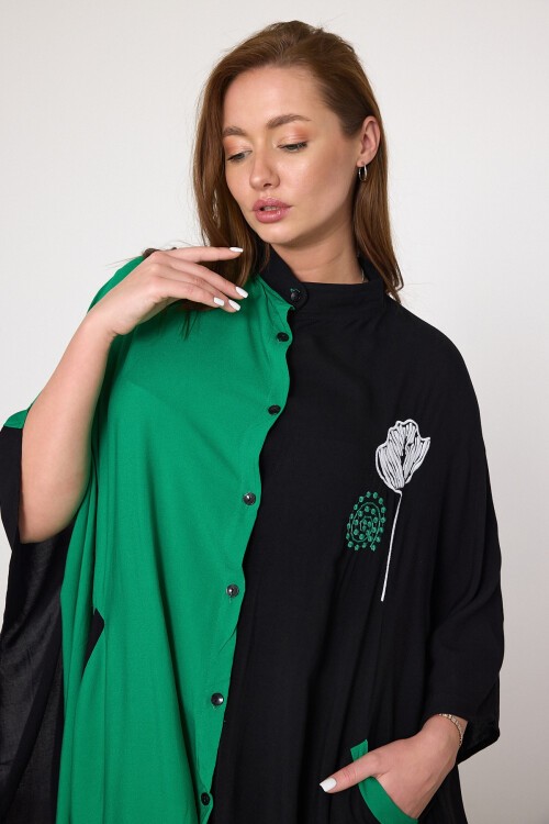 993 Siyah Yeşil Çiçek Nakışlı Büyük Beden Gömlek Elbise