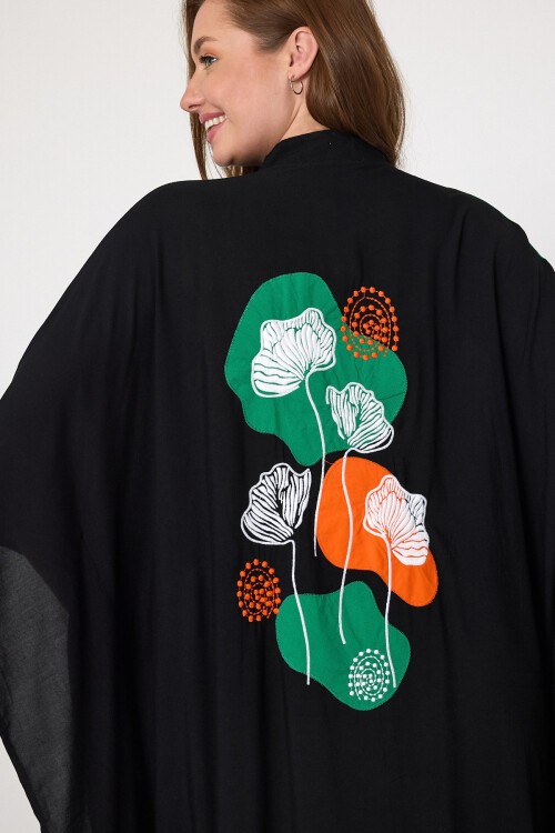 993 Siyah Yeşil Çiçek Nakışlı Büyük Beden Gömlek Elbise