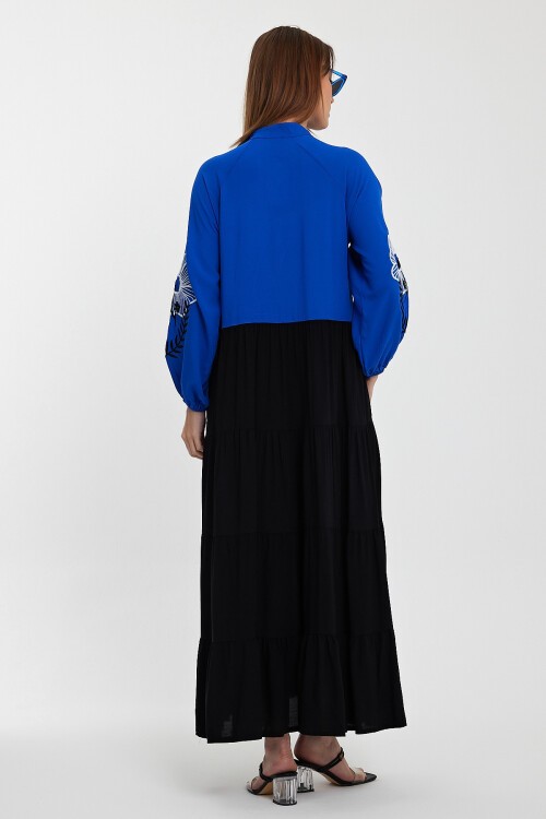 996 Kadın Kolları Nakış İşlemeli Yaka Bağcıklı Uzun Tesettür Elbise