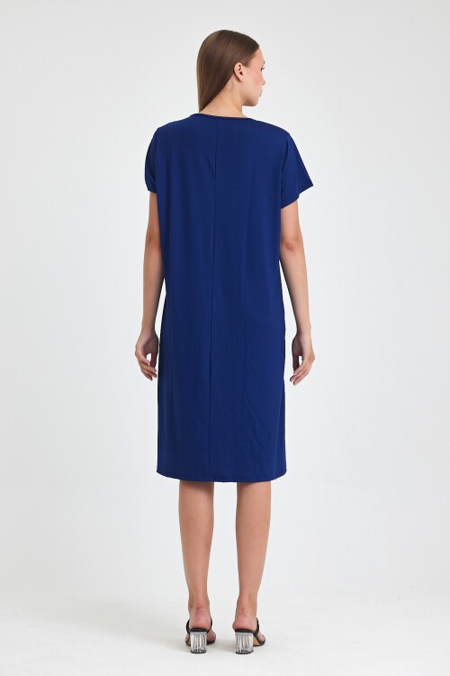 C2 Lacivert V Yaka Penye Viskon Elbise