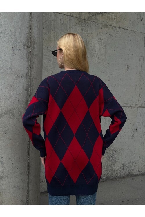 T3027 Kırmızı-Lacivert Baklava Kazak