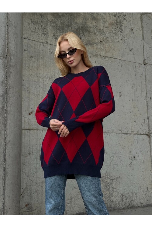 T3027 Kırmızı-Lacivert Baklava Kazak