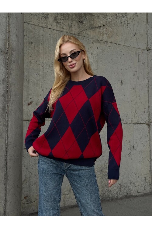 T3027 Kırmızı-Lacivert Baklava Kazak