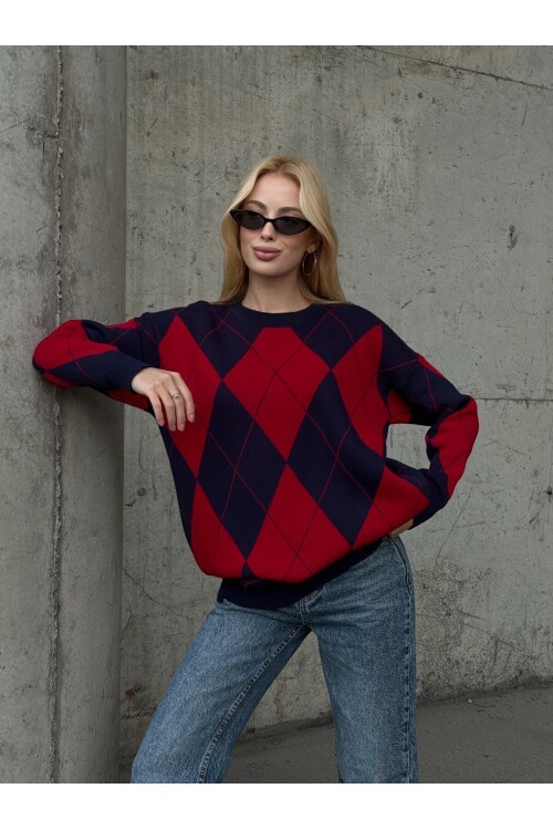 T3027 Kırmızı-Lacivert Baklava Kazak