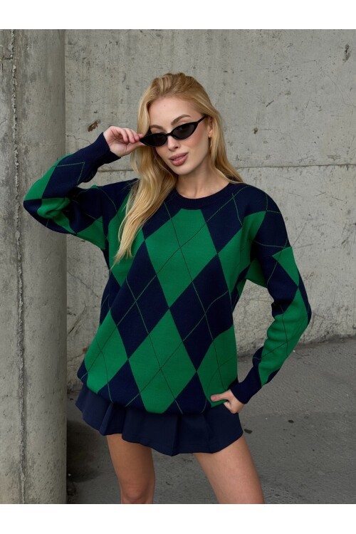 T3027 Yeşil-Lacivert Baklava Kazak