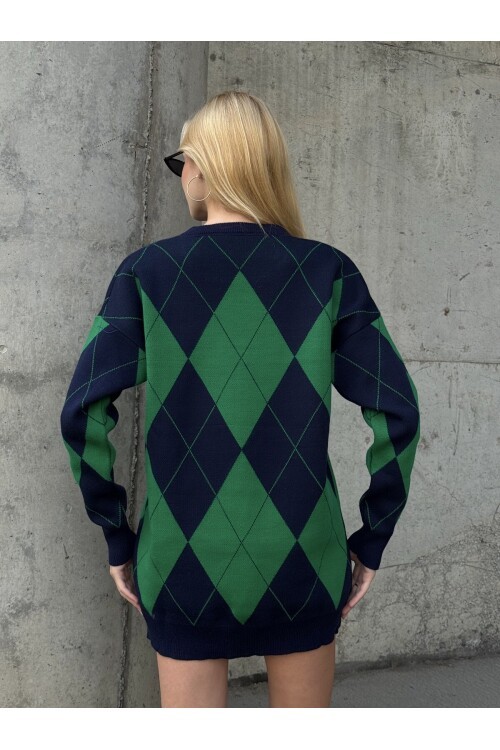 T3027 Yeşil-Lacivert Baklava Kazak