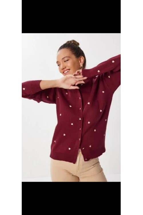 T3219 Bordo Küçük Kalp Detaylı Triko