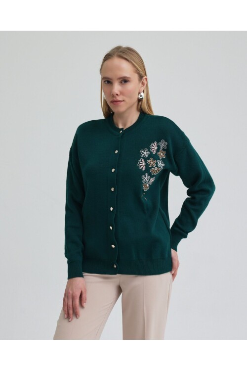 T3264 Petrol Çiçek İşlemeli Triko Ceket
