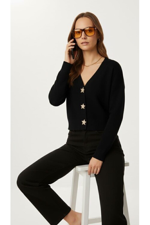 T500 Siyah Yıldız Düğmeli Ceket Triko