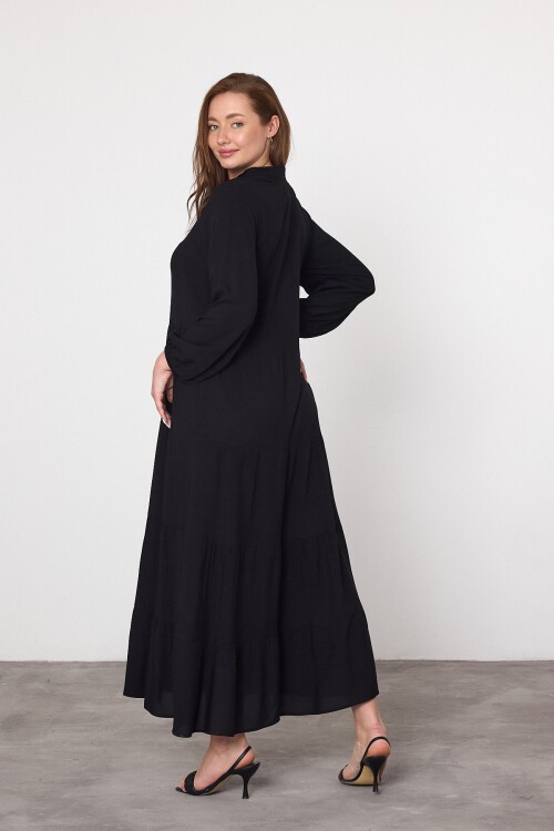 V041 Siyah Kadın Bisiklet Yaka Bağcıklı Düğme Kapamalı Balon  Kol Uzun Elbise