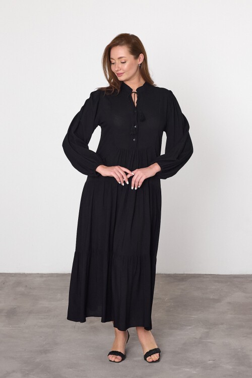 V041 Siyah Kadın Bisiklet Yaka Bağcıklı Düğme Kapamalı Balon  Kol Uzun Elbise