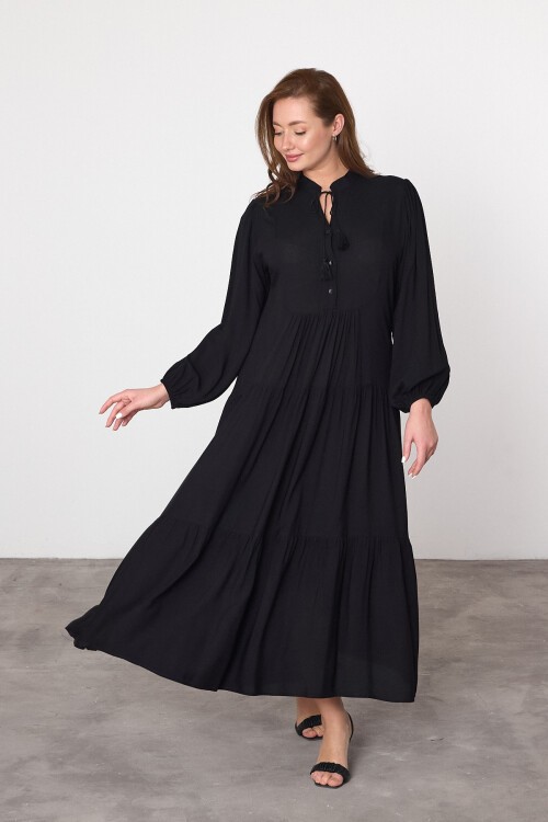 V041 Siyah Kadın Bisiklet Yaka Bağcıklı Düğme Kapamalı Balon  Kol Uzun Elbise