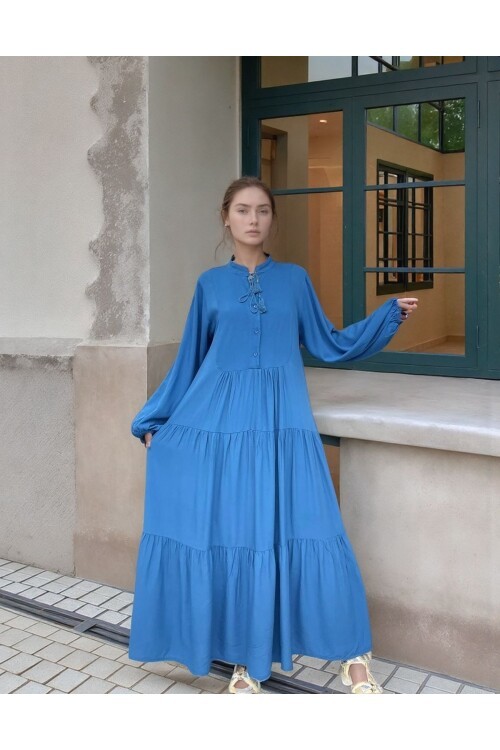 V041 Mavi Kadın Bisiklet Yaka Bağcıklı Düğme Kapamalı Balon  Kol Uzun Elbise