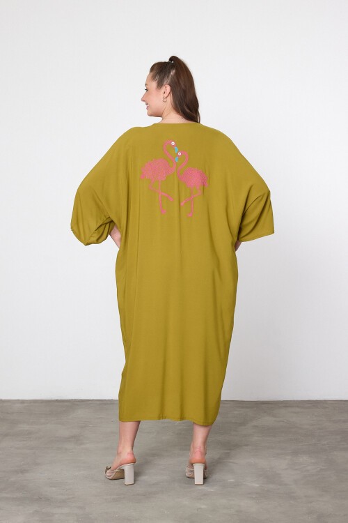 V049 Hardal Kadın V Yaka Flamingo Nakışlı Büyük Beden Gömlek Elbise
