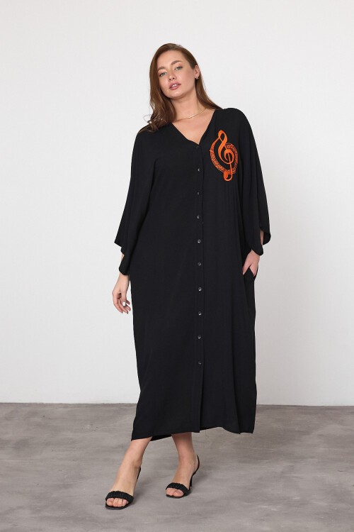V050 Siyah Kadın V Yaka Düğme Kapalı Nota Nakış Detalı Büyük Beden Gömlek Elbise