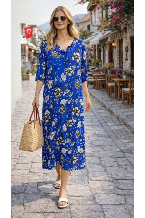 V052 Kadın Kollu Desenli Elbise