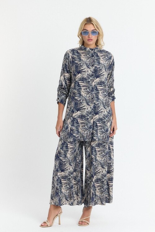 V053 Lacivert Yaprak Desen Gömlek Pantolon Takım