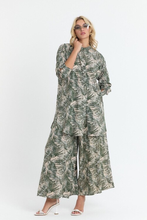 V053 Yeşil Yaprak Desen Gömlek Pantolon Takım