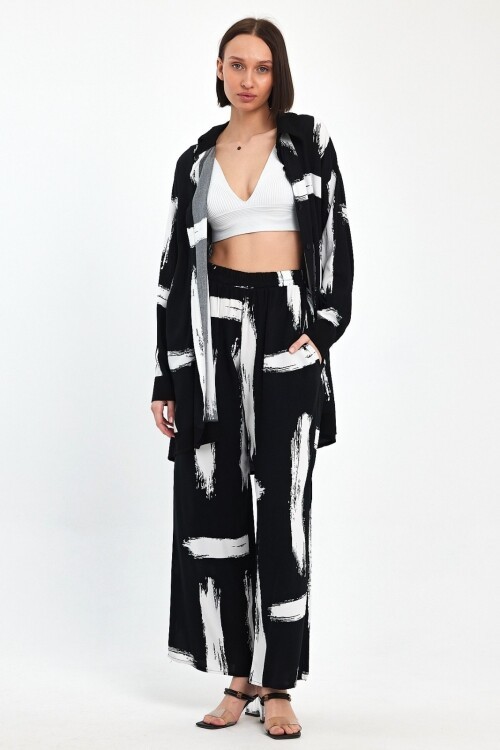 V055 Siyah Beyaz Fırça Desen Gömlek Pantolon Takım