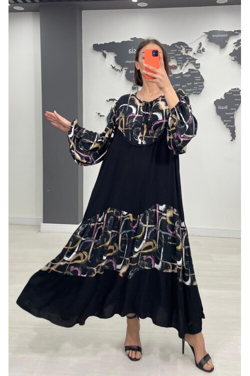 V056 Kadın Yaka Bağcıklı Desenli Viskon Elbise