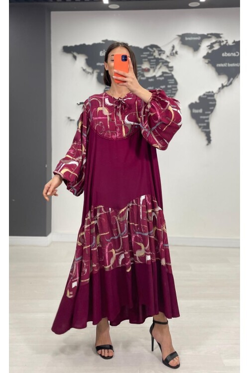 V056 Kadın Yaka Bağcıklı Desenli Viskon Elbise