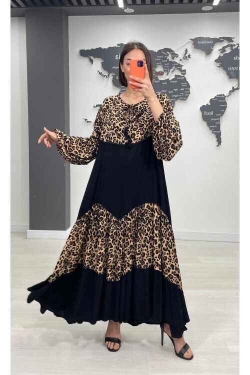 V056 Kadın Yaka Bağcıklı Desenli Viskon Elbise