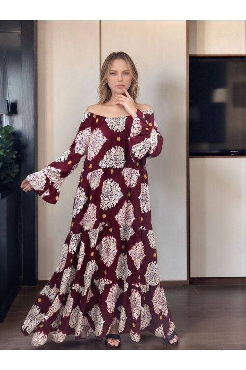 V071Bordo Desenli Madonna Yaka Elbise