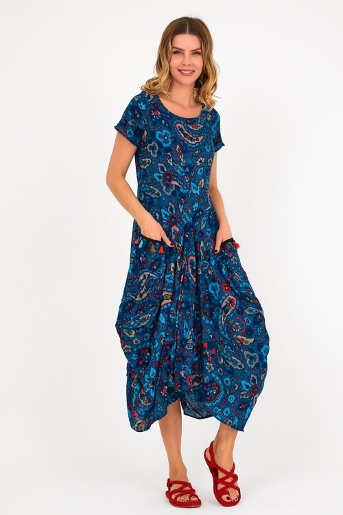 V075 Mavi Otantik Desen Şalvar Model Elbise