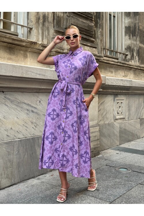V083 Lila Desenli Kuşak Detaylı Gömlek Elbise