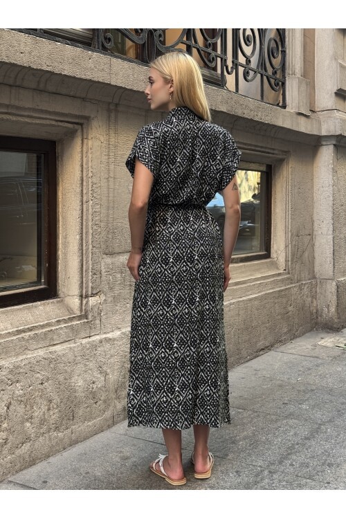 V083 Siyah Haki Desenli Kuşak Detaylı Gömlek Elbise