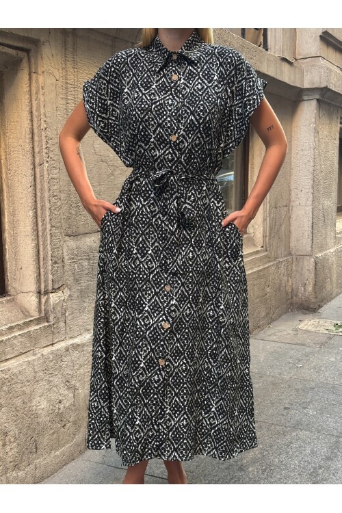 V083 Siyah Haki Desenli Kuşak Detaylı Gömlek Elbise