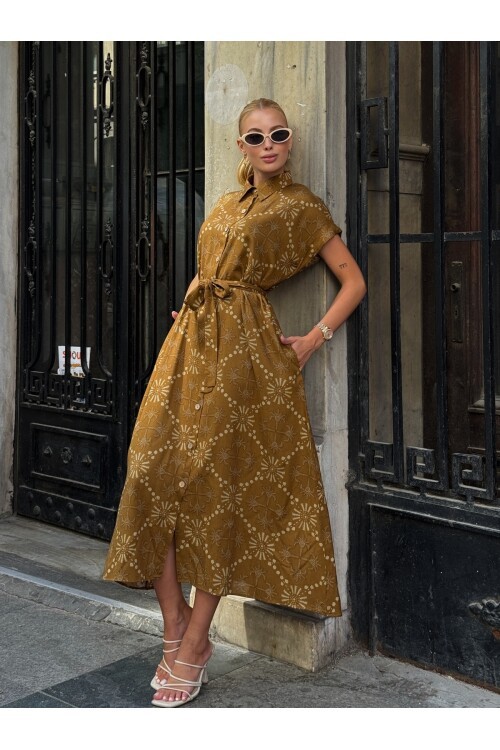 V083 Hardal Desenli Kuşak Detaylı Gömlek Elbise