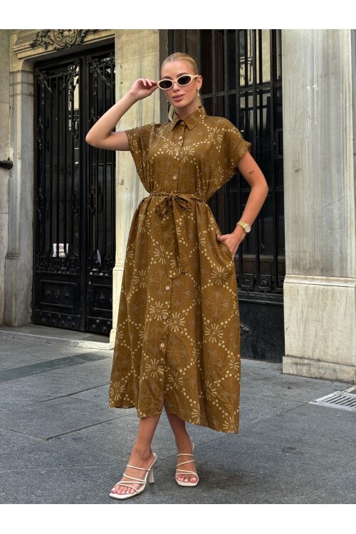 V083 Hardal Desenli Kuşak Detaylı Gömlek Elbise